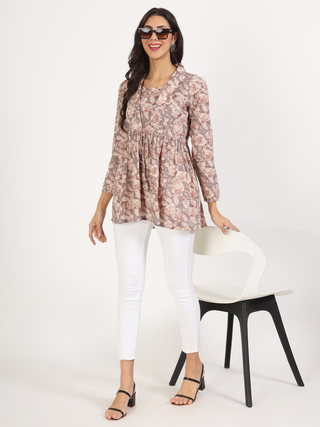 Women Grey Floral Printed Cotton Top | LASVINI - Redefining Indian Fashion with Elegance
