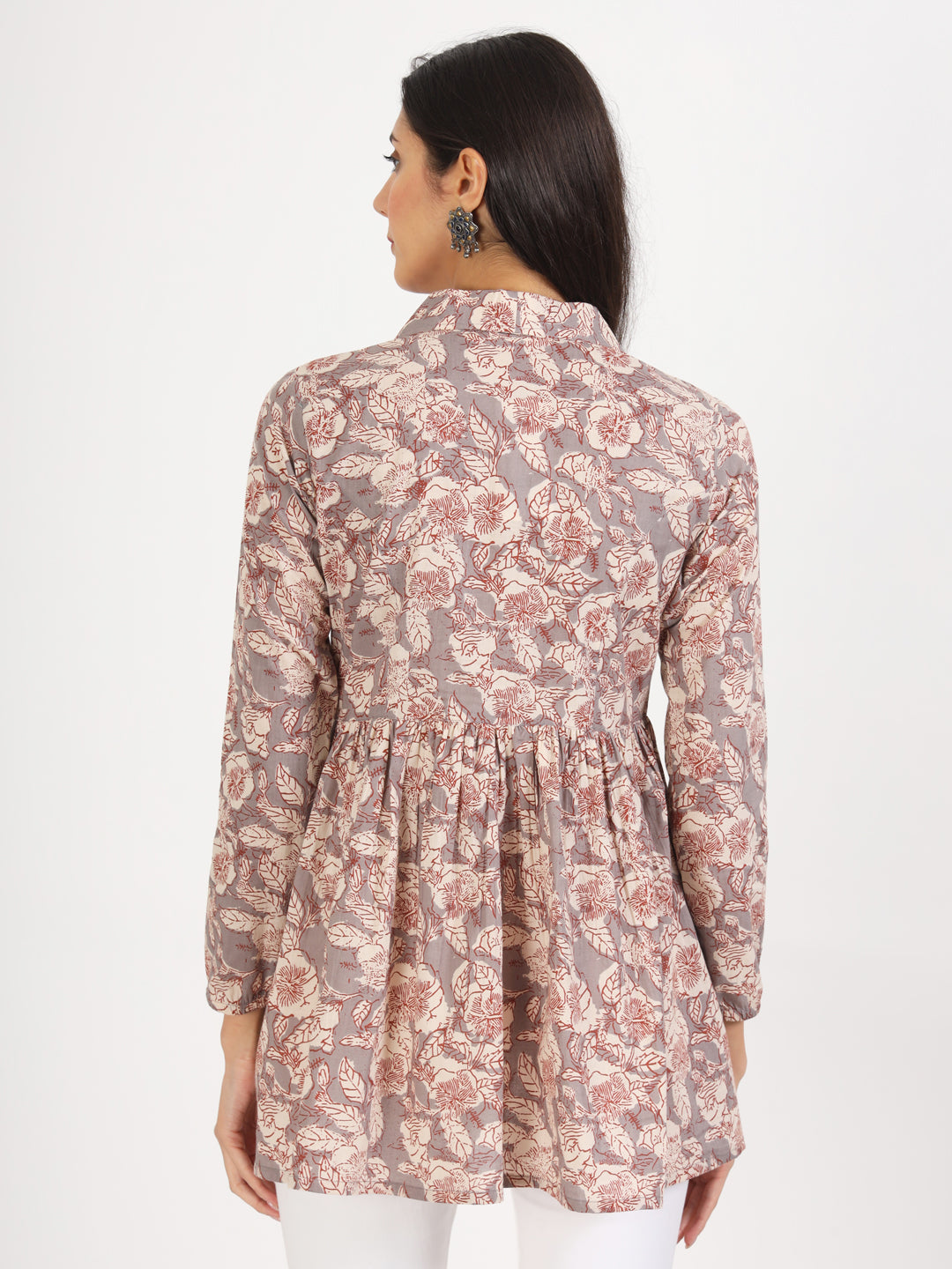 Women Grey Floral Printed Cotton Top | LASVINI - Redefining Indian Fashion with Elegance