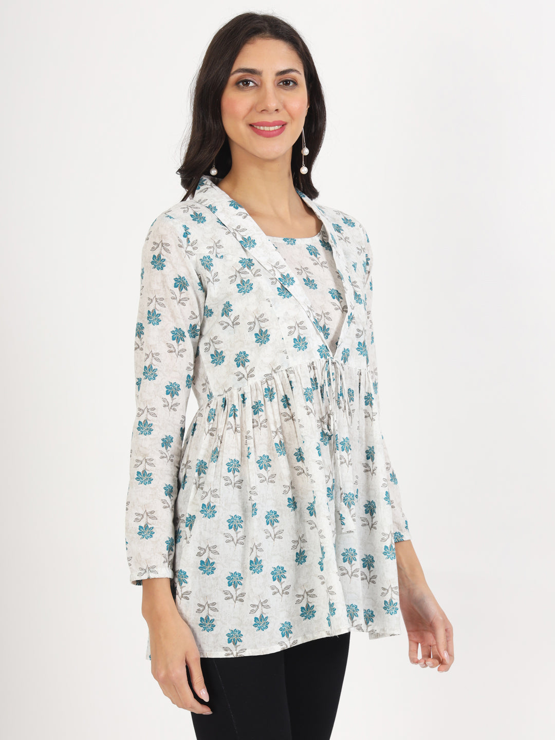 Women White Floral Printed Cotton Top | LASVINI - Redefining Indian Fashion with Elegance