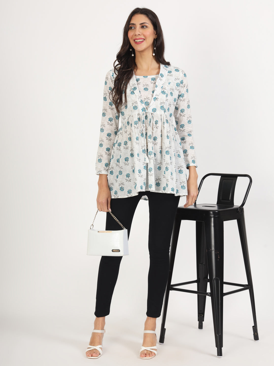 Women White Floral Printed Cotton Top | LASVINI - Redefining Indian Fashion with Elegance