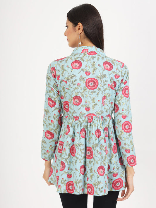 Women Sky Blue Floral Printed Cotton Top | LASVINI - Redefining Indian Fashion with Elegance