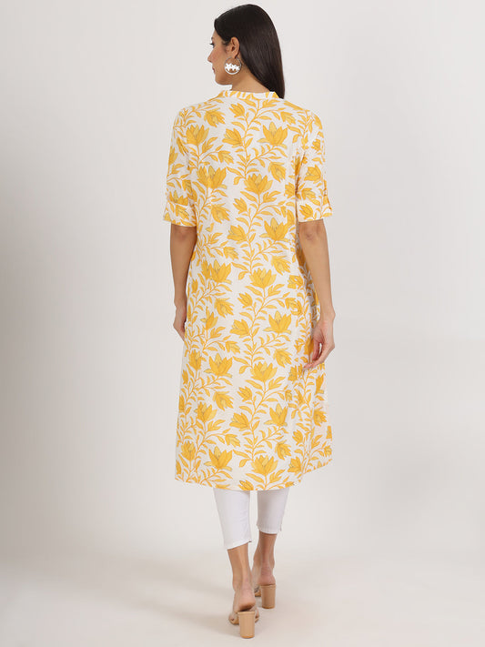 Women Yellow Floral Printed Rayon A-Line Kurta | LASVINI - Redefining Indian Fashion with Elegance