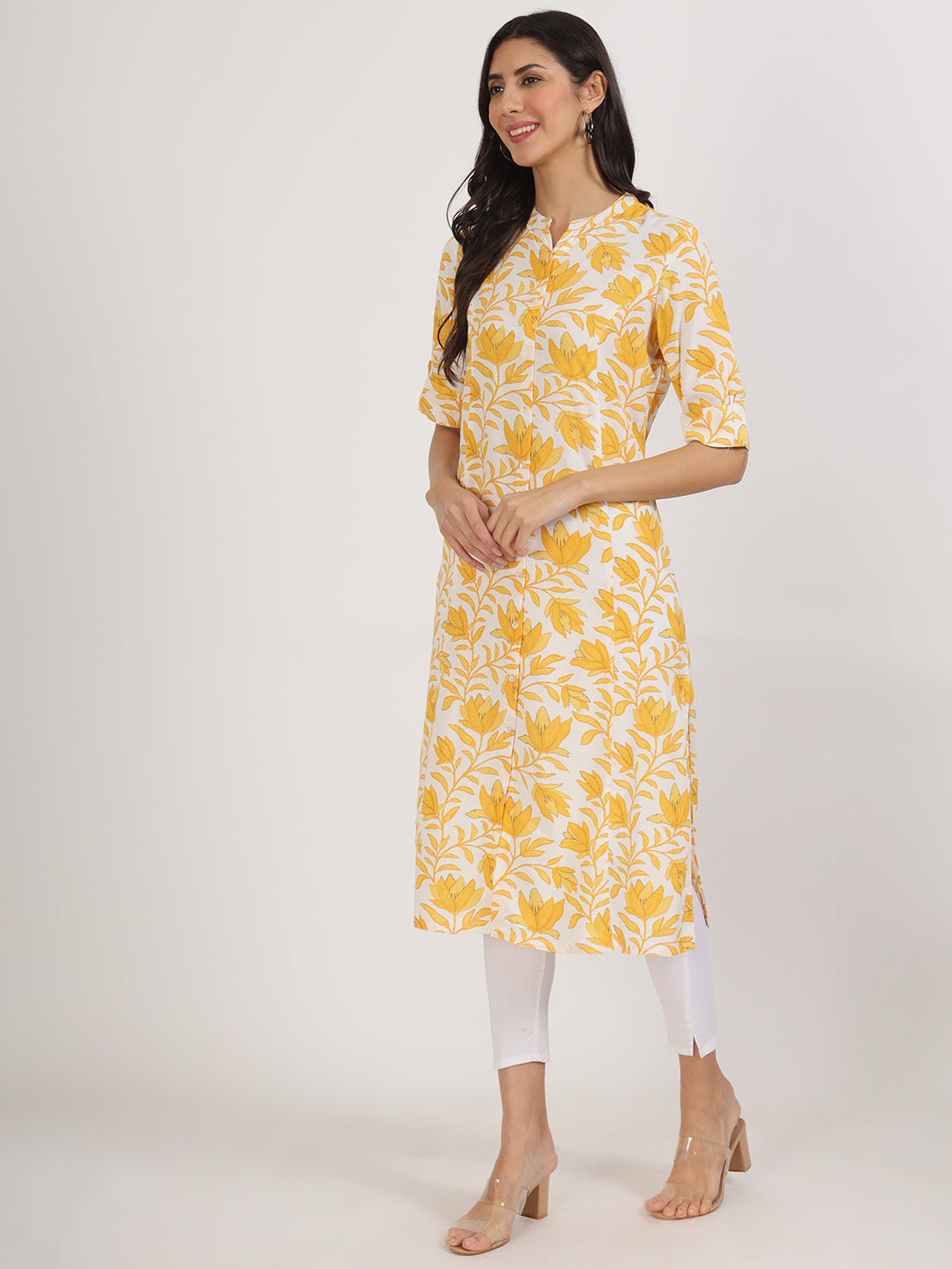 Women Yellow Floral Printed Rayon A-Line Kurta | LASVINI - Redefining Indian Fashion with Elegance