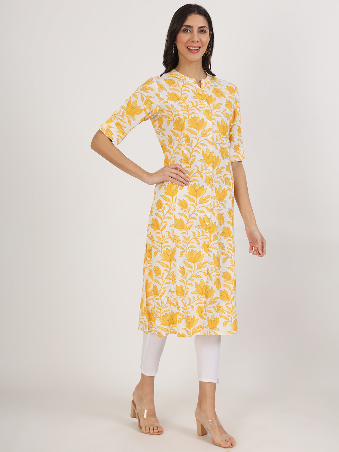 Women Yellow Floral Printed Rayon A-Line Kurta | LASVINI - Redefining Indian Fashion with Elegance