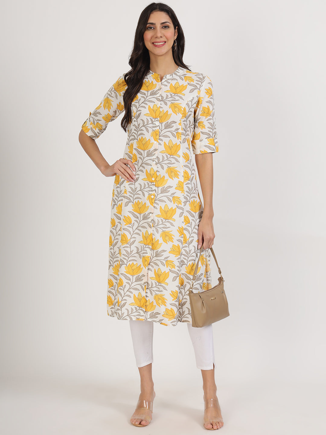 Women Yellow Floral Printed Rayon A-Line Kurta | LASVINI - Redefining Indian Fashion with Elegance
