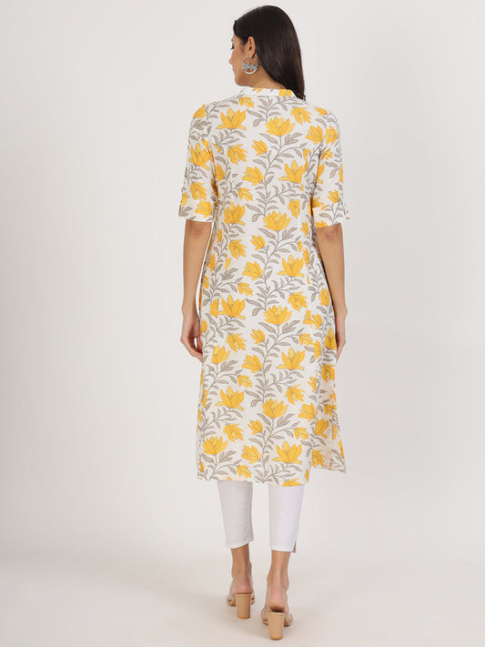 Women Yellow Floral Printed Rayon A-Line Kurta | LASVINI - Redefining Indian Fashion with Elegance