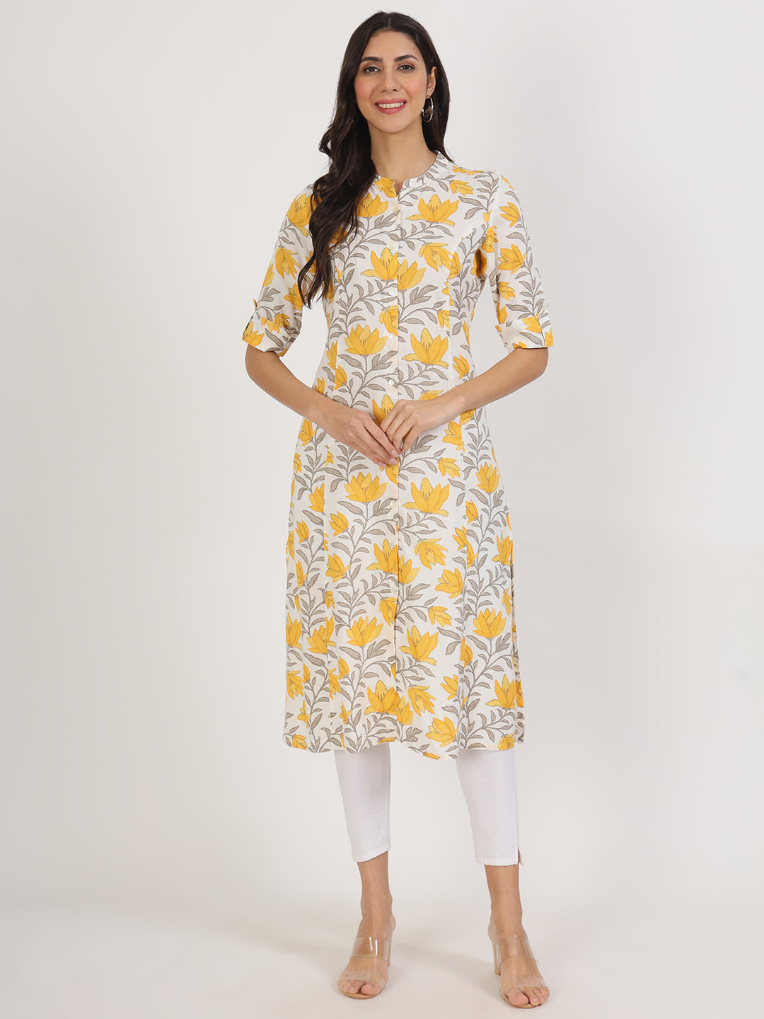 Women Yellow Floral Printed Rayon A-Line Kurta | LASVINI - Redefining Indian Fashion with Elegance