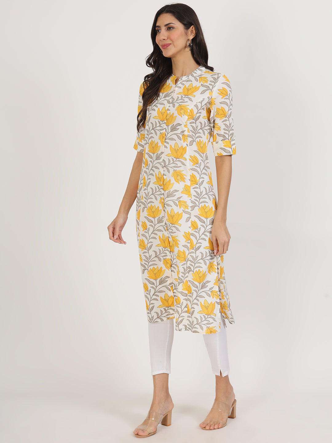 Women Yellow Floral Printed Rayon A-Line Kurta | LASVINI - Redefining Indian Fashion with Elegance