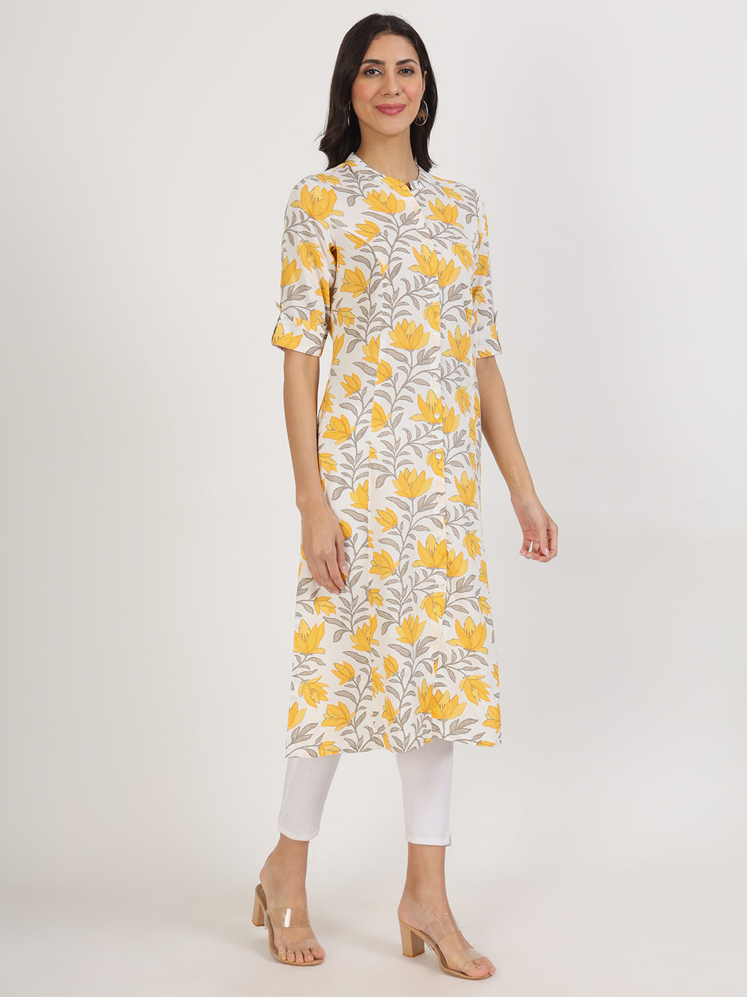 Women Yellow Floral Printed Rayon A-Line Kurta | LASVINI - Redefining Indian Fashion with Elegance