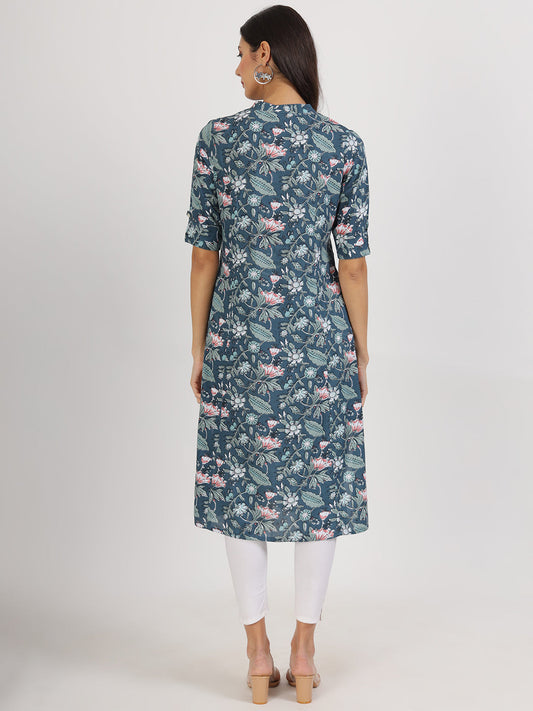 Women Navy Blue Floral Printed Rayon A-Line Kurta | LASVINI - Redefining Indian Fashion with Elegance