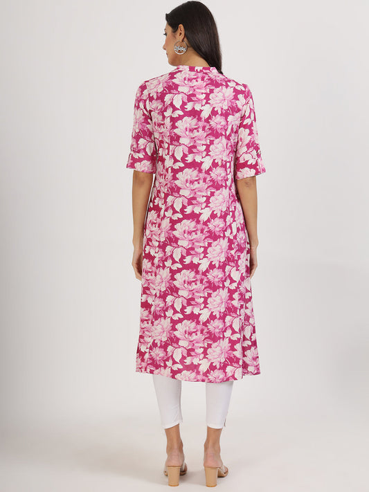 Women Purple Floral Printed Rayon A-Line Kurta | LASVINI - Redefining Indian Fashion with Elegance