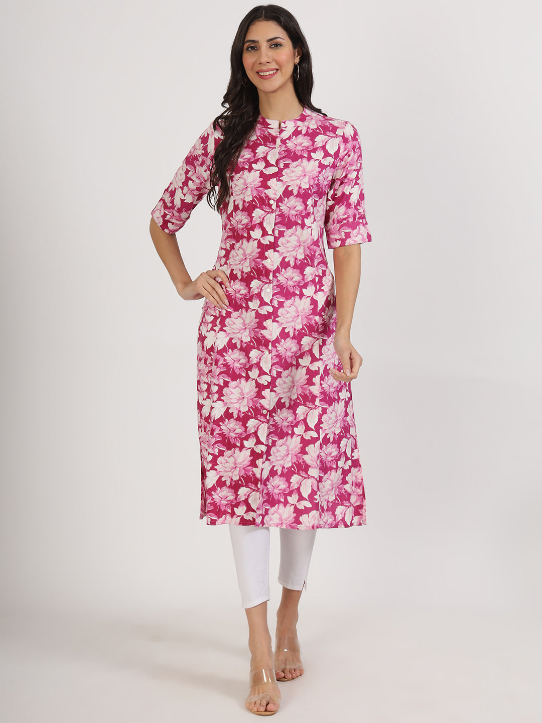 Women Purple Floral Printed Rayon A-Line Kurta | LASVINI - Redefining Indian Fashion with Elegance