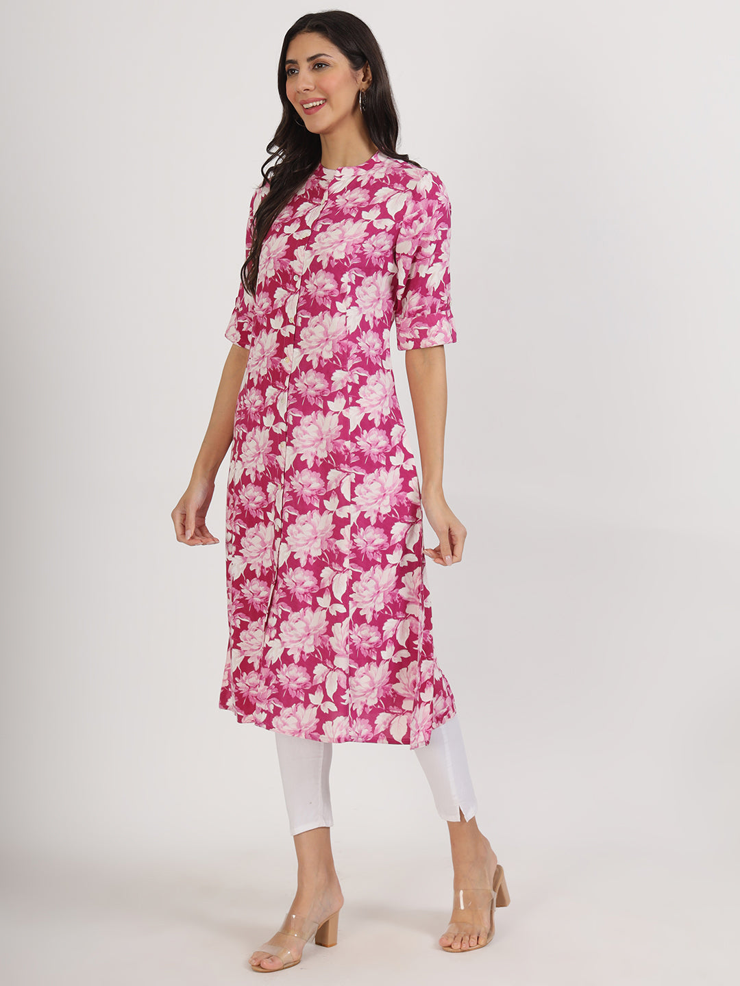 Women Purple Floral Printed Rayon A-Line Kurta | LASVINI - Redefining Indian Fashion with Elegance