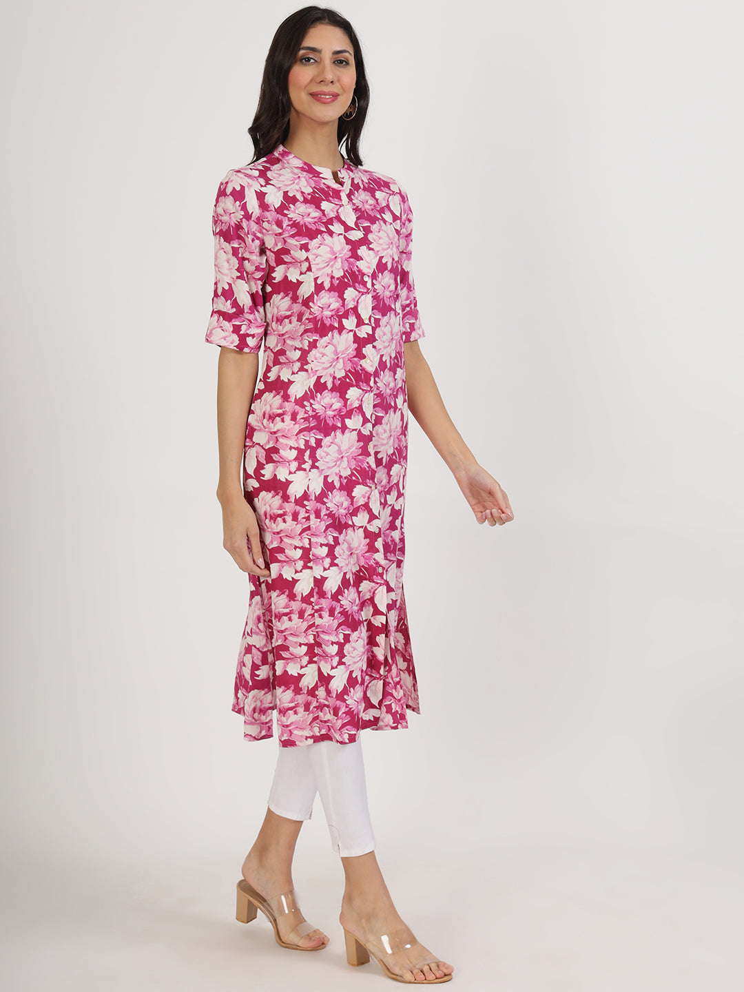 Women Purple Floral Printed Rayon A-Line Kurta | LASVINI - Redefining Indian Fashion with Elegance