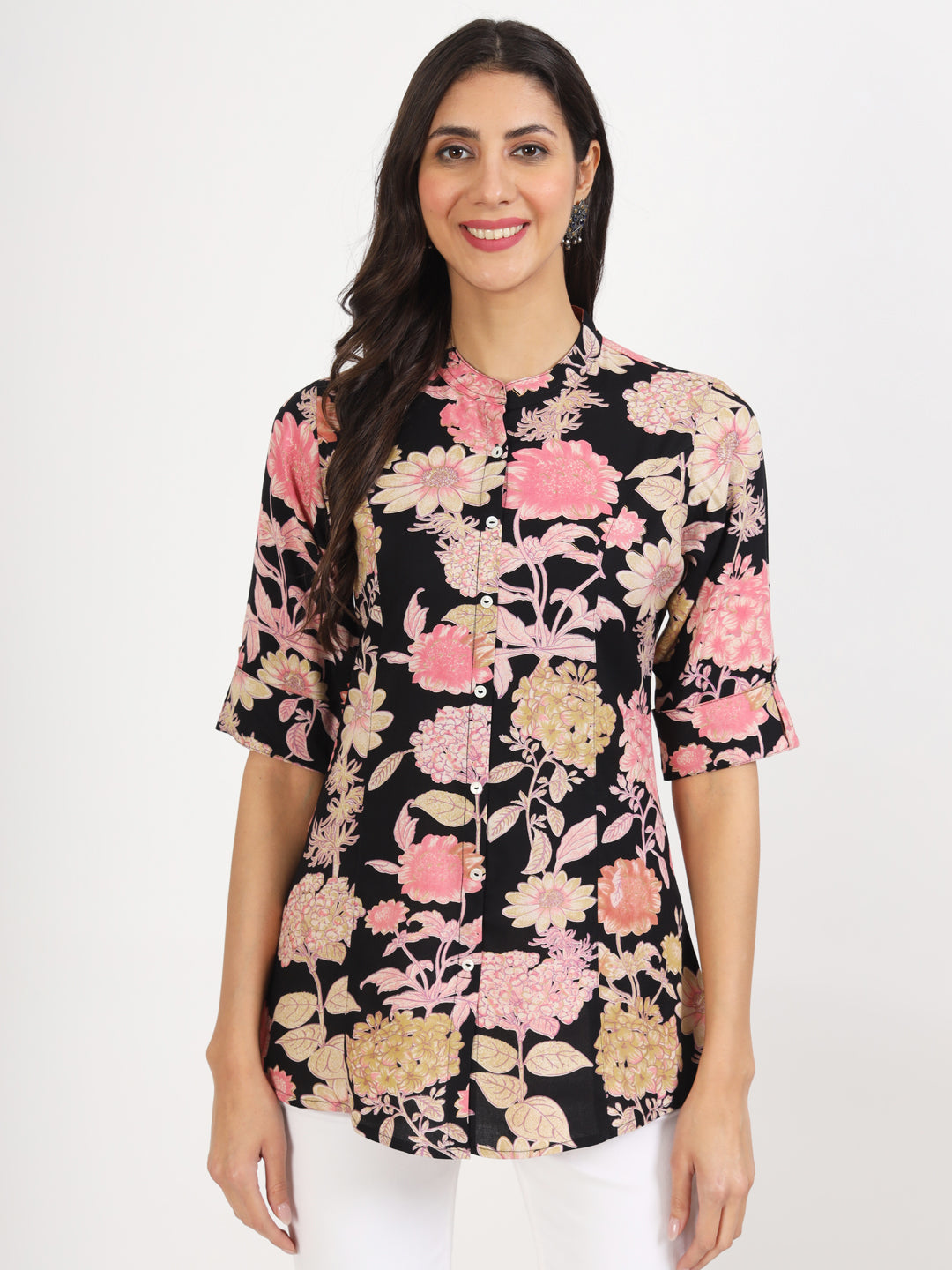 Women Black Floral Printed Rayon Top | LASVINI - Redefining Indian Fashion with Elegance