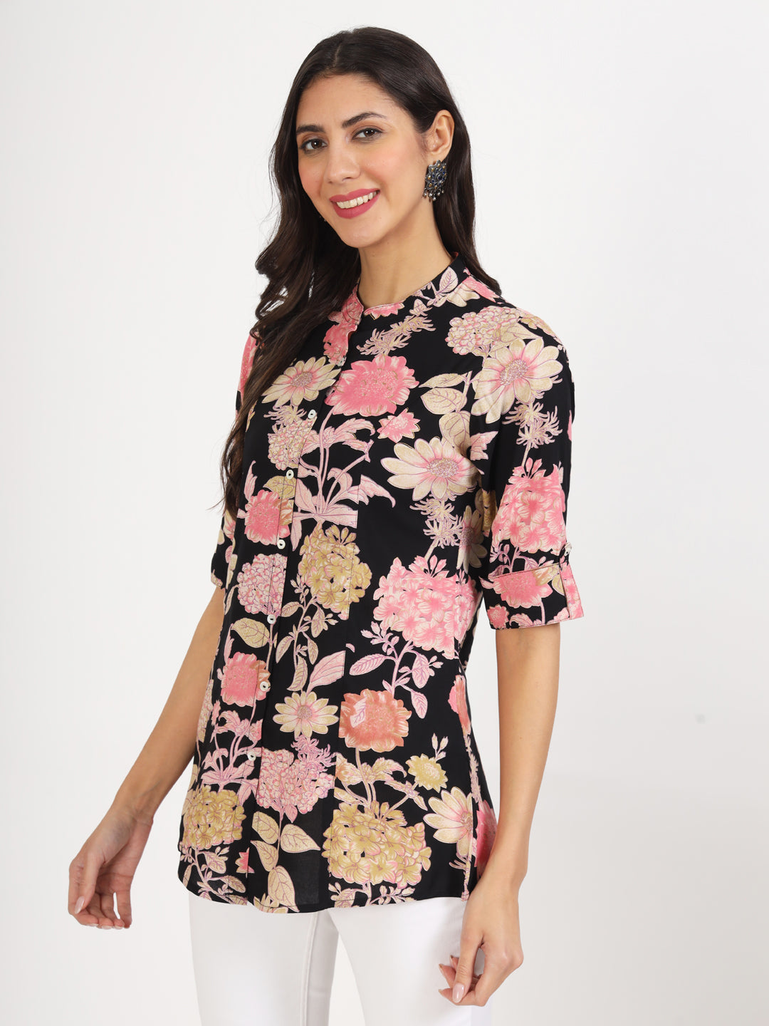 Women Black Floral Printed Rayon Top | LASVINI - Redefining Indian Fashion with Elegance