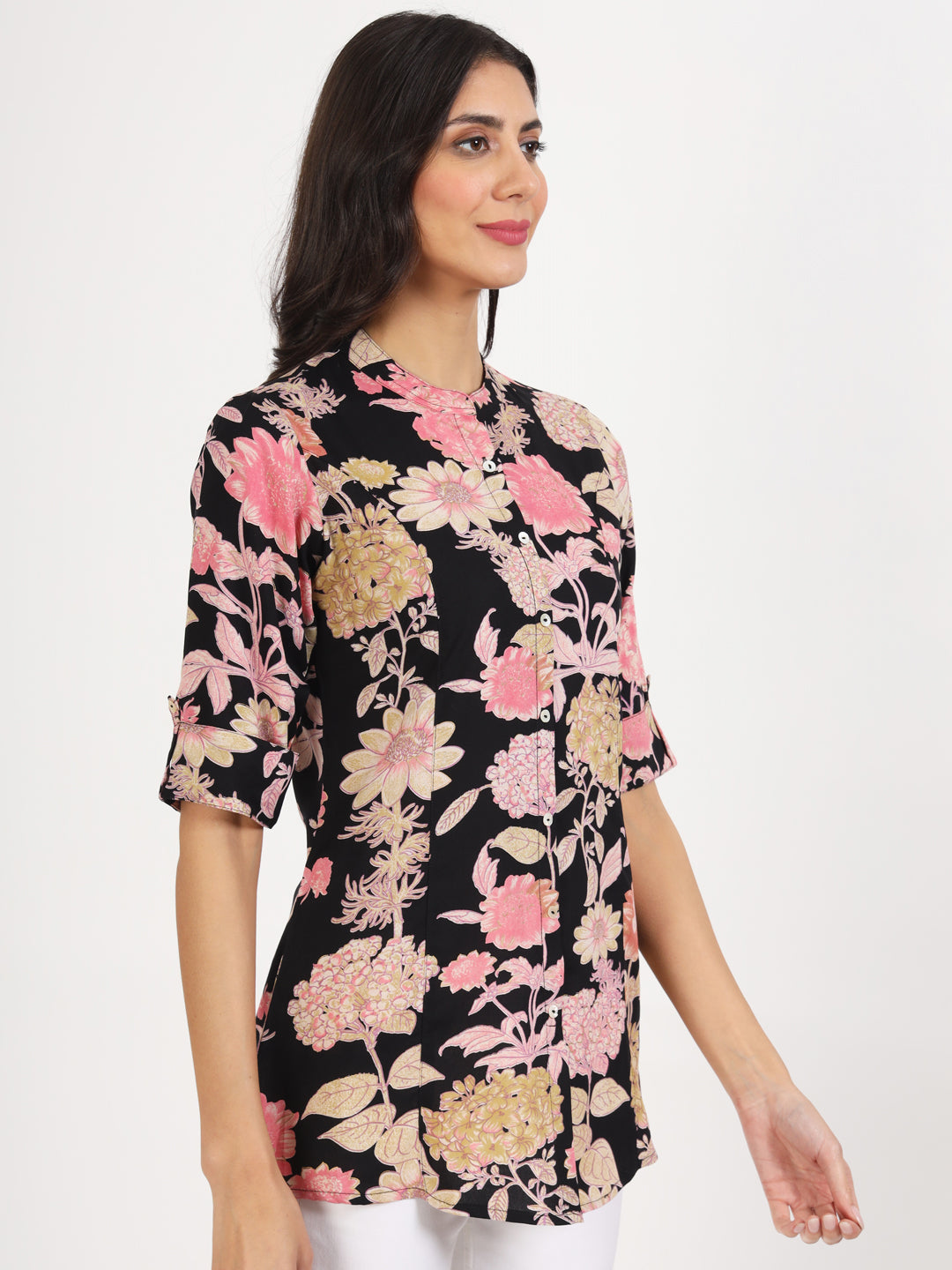 Women Black Floral Printed Rayon Top | LASVINI - Redefining Indian Fashion with Elegance