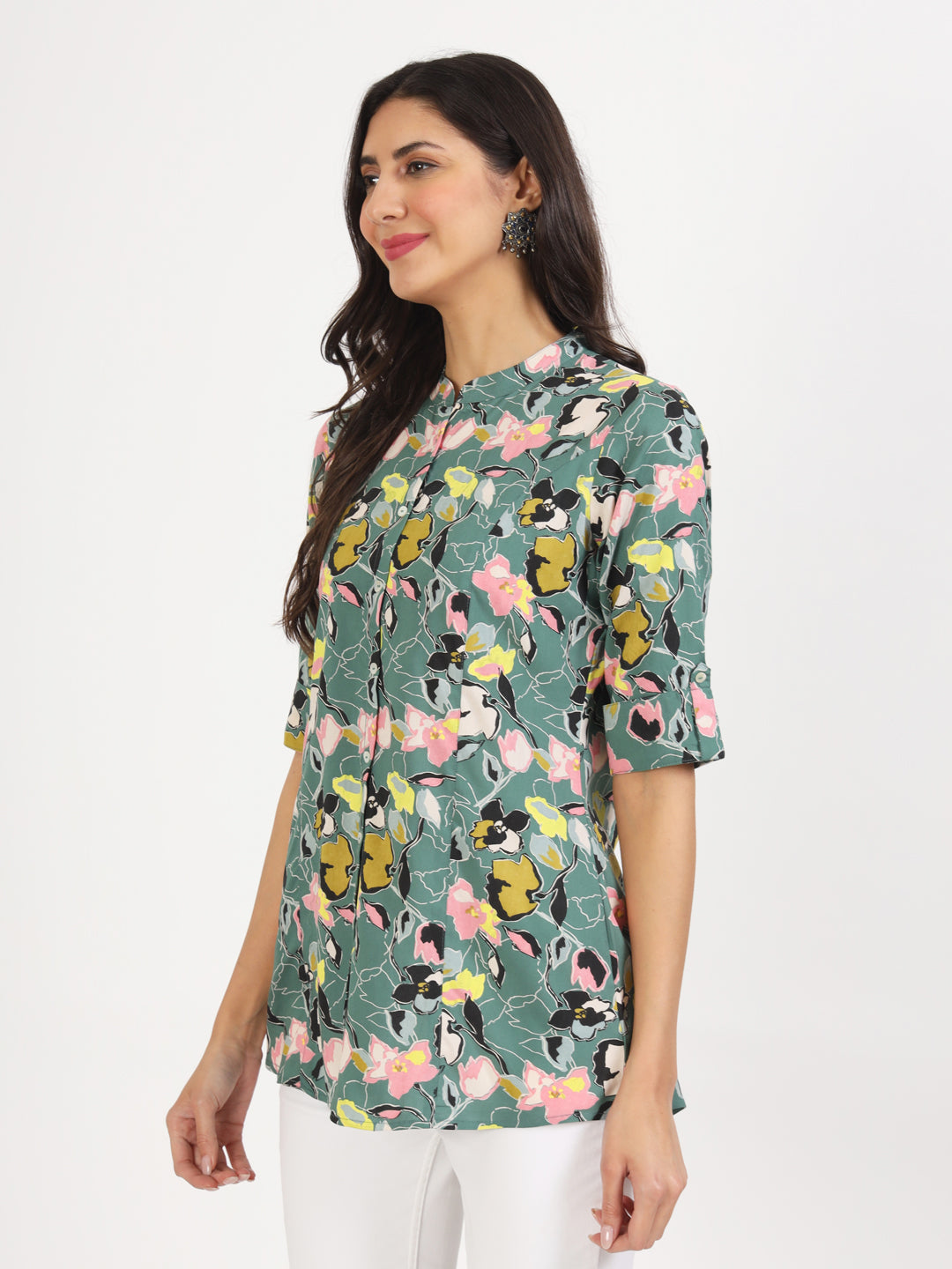 Women Green Floral Printed Rayon Top | LASVINI - Redefining Indian Fashion with Elegance