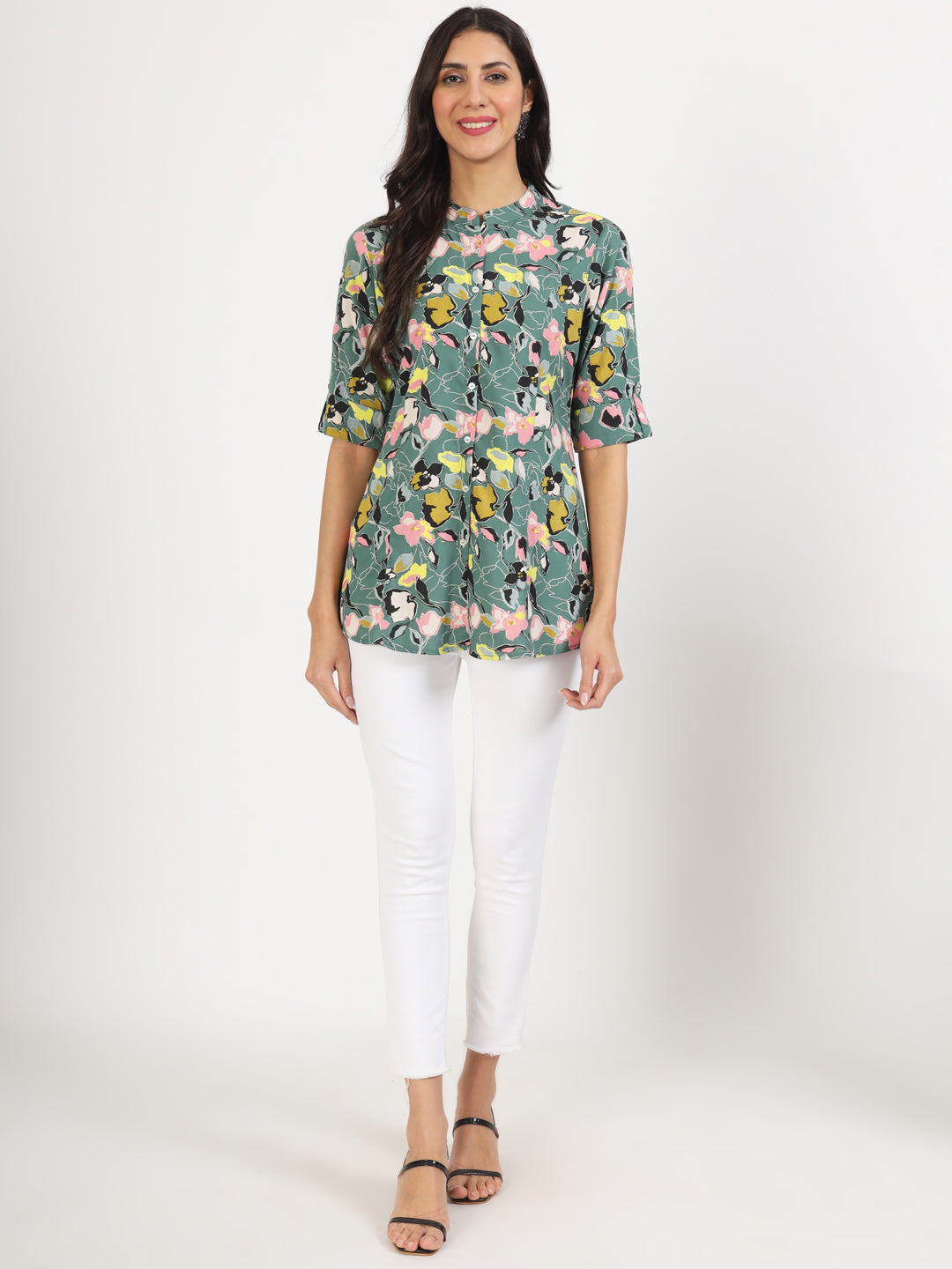 Women Green Floral Printed Rayon Top | LASVINI - Redefining Indian Fashion with Elegance