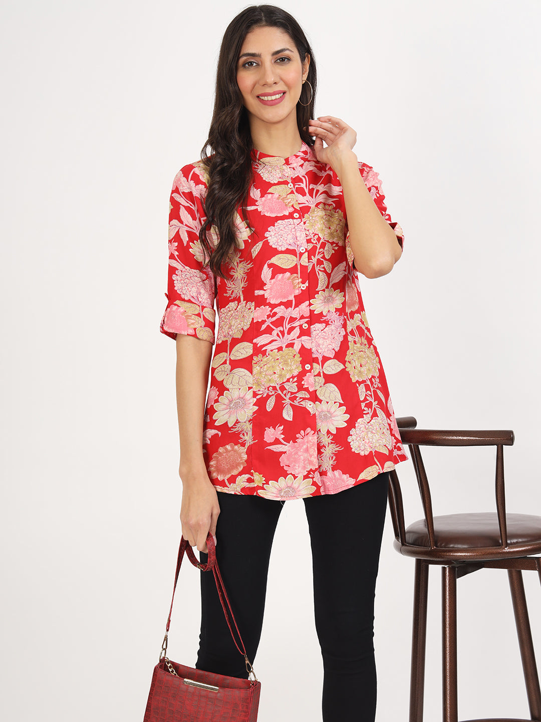 Women Red Floral Printed Rayon Top | LASVINI - Redefining Indian Fashion with Elegance