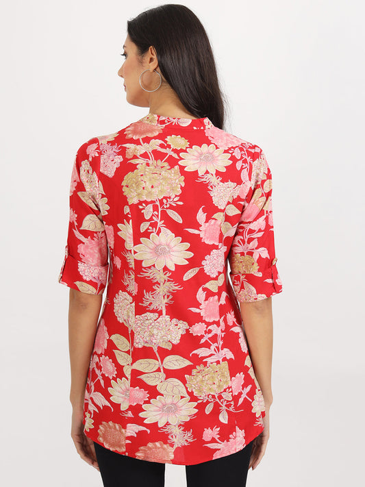 Women Red Floral Printed Rayon Top | LASVINI - Redefining Indian Fashion with Elegance
