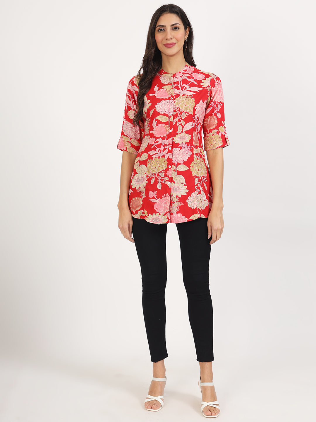 Women Red Floral Printed Rayon Top | LASVINI - Redefining Indian Fashion with Elegance