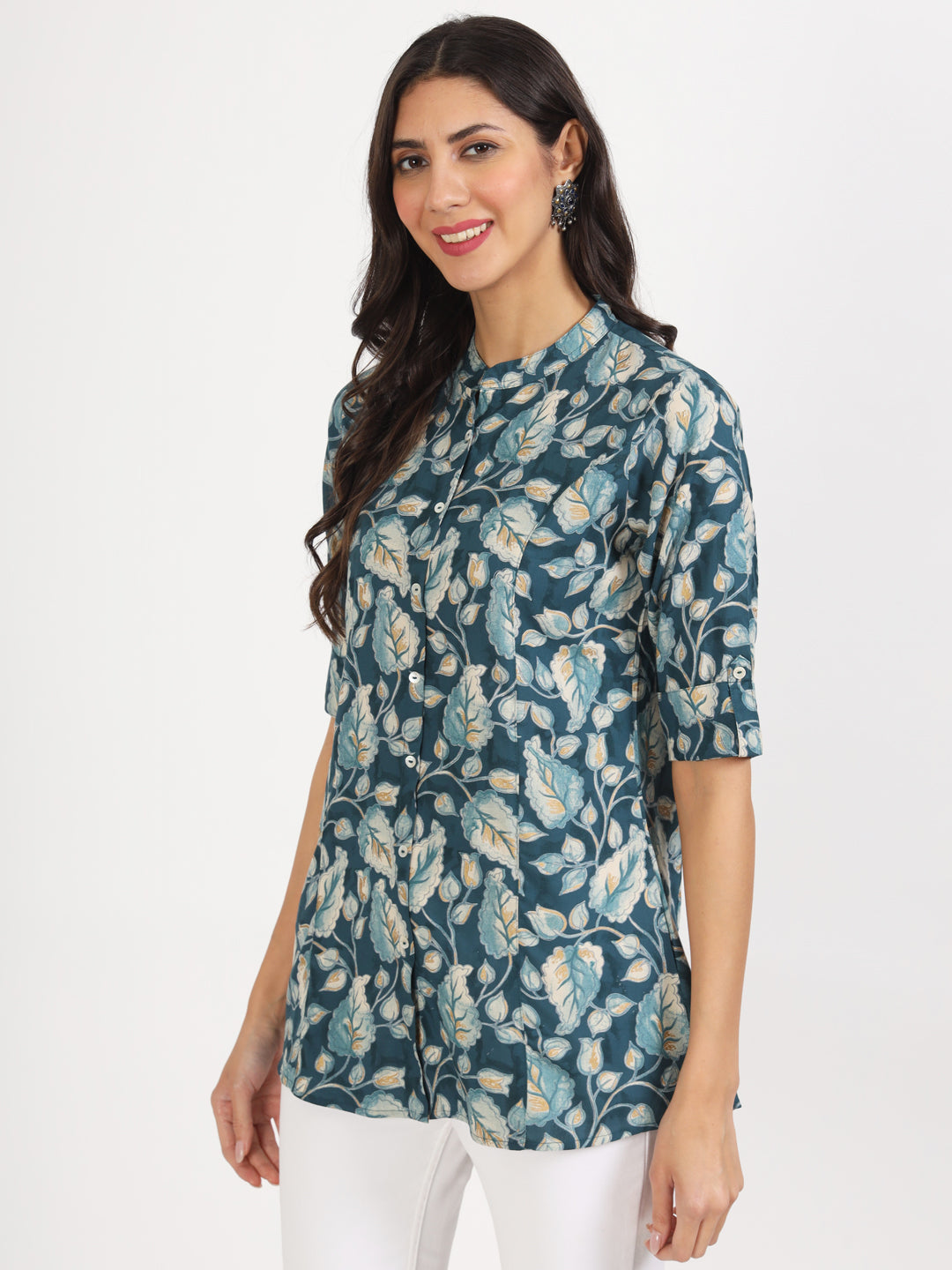 Women Bottle Green Floral Printed Rayon Top | LASVINI - Redefining Indian Fashion with Elegance