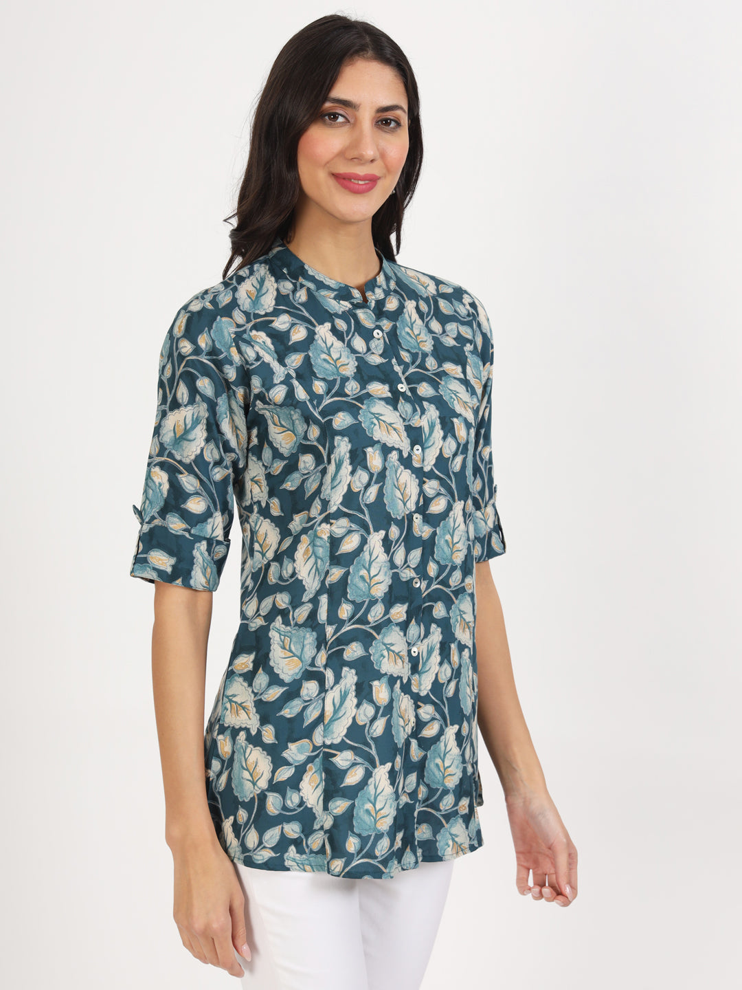 Women Bottle Green Floral Printed Rayon Top | LASVINI - Redefining Indian Fashion with Elegance
