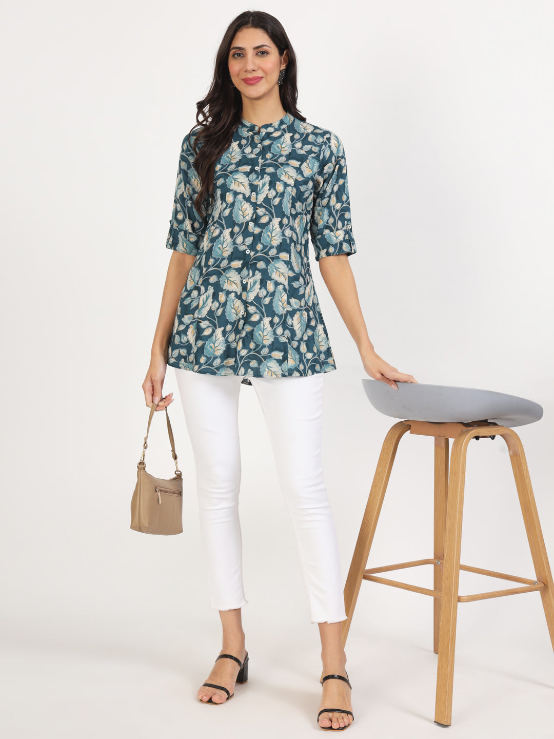 Women Bottle Green Floral Printed Rayon Top | LASVINI - Redefining Indian Fashion with Elegance