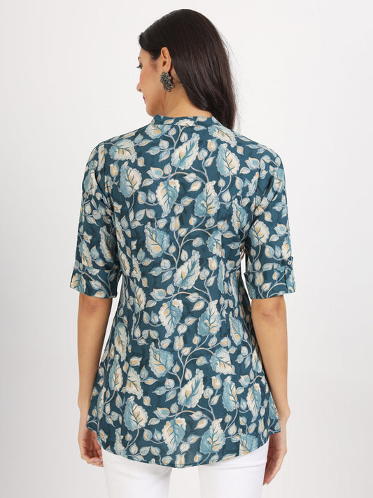Women Bottle Green Floral Printed Rayon Top | LASVINI - Redefining Indian Fashion with Elegance