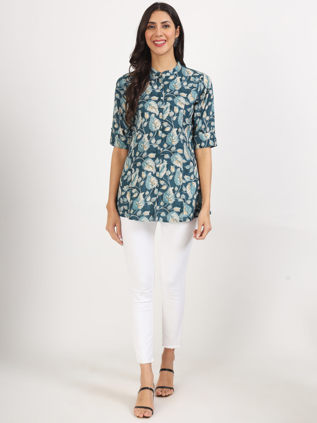 Women Bottle Green Floral Printed Rayon Top | LASVINI - Redefining Indian Fashion with Elegance