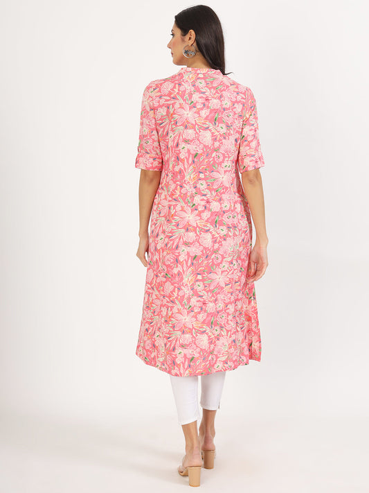 Women Pink Floral Printed Rayon A-Line Kurta | LASVINI - Redefining Indian Fashion with Elegance