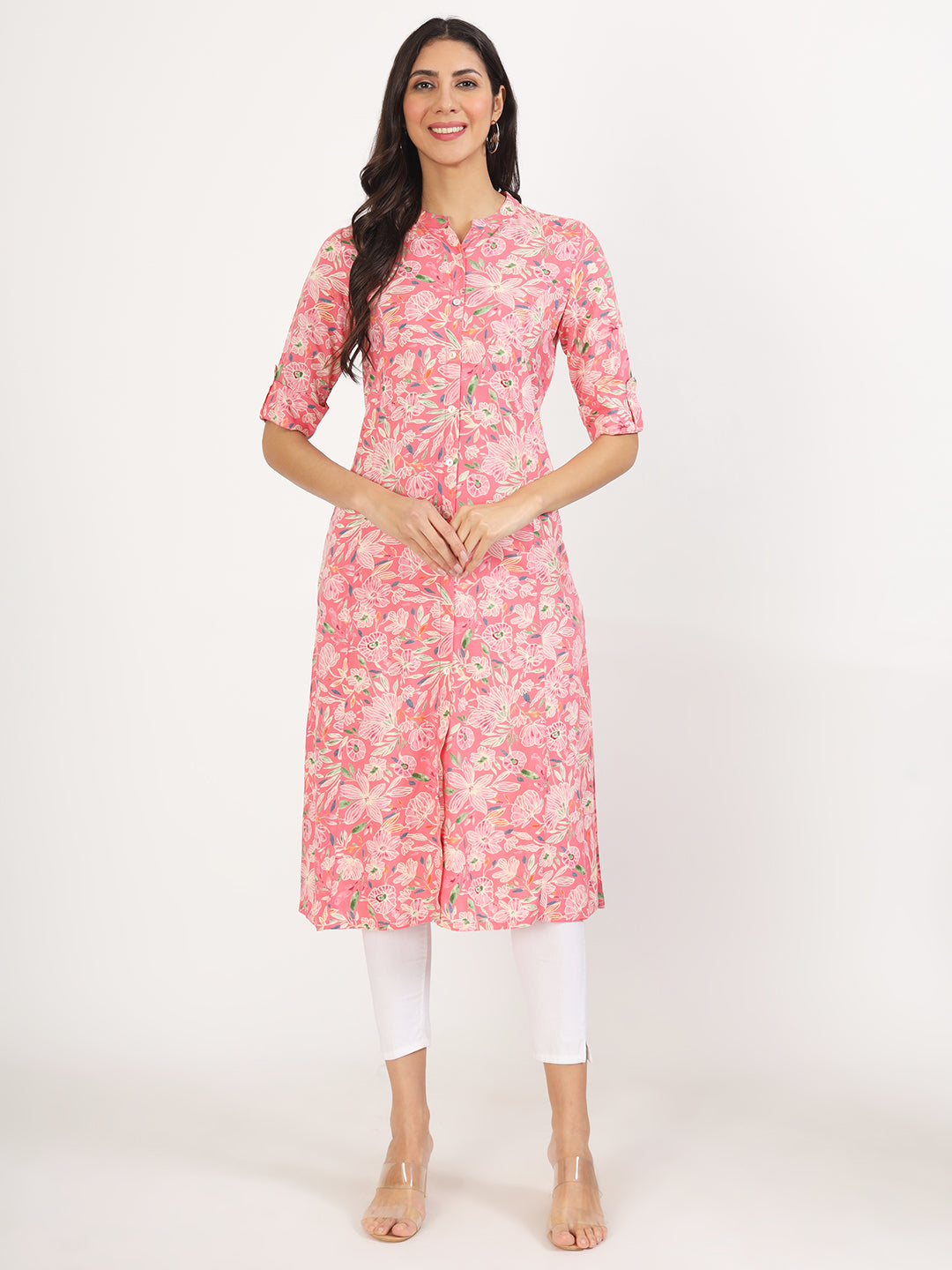 Women Pink Floral Printed Rayon A-Line Kurta | LASVINI - Redefining Indian Fashion with Elegance
