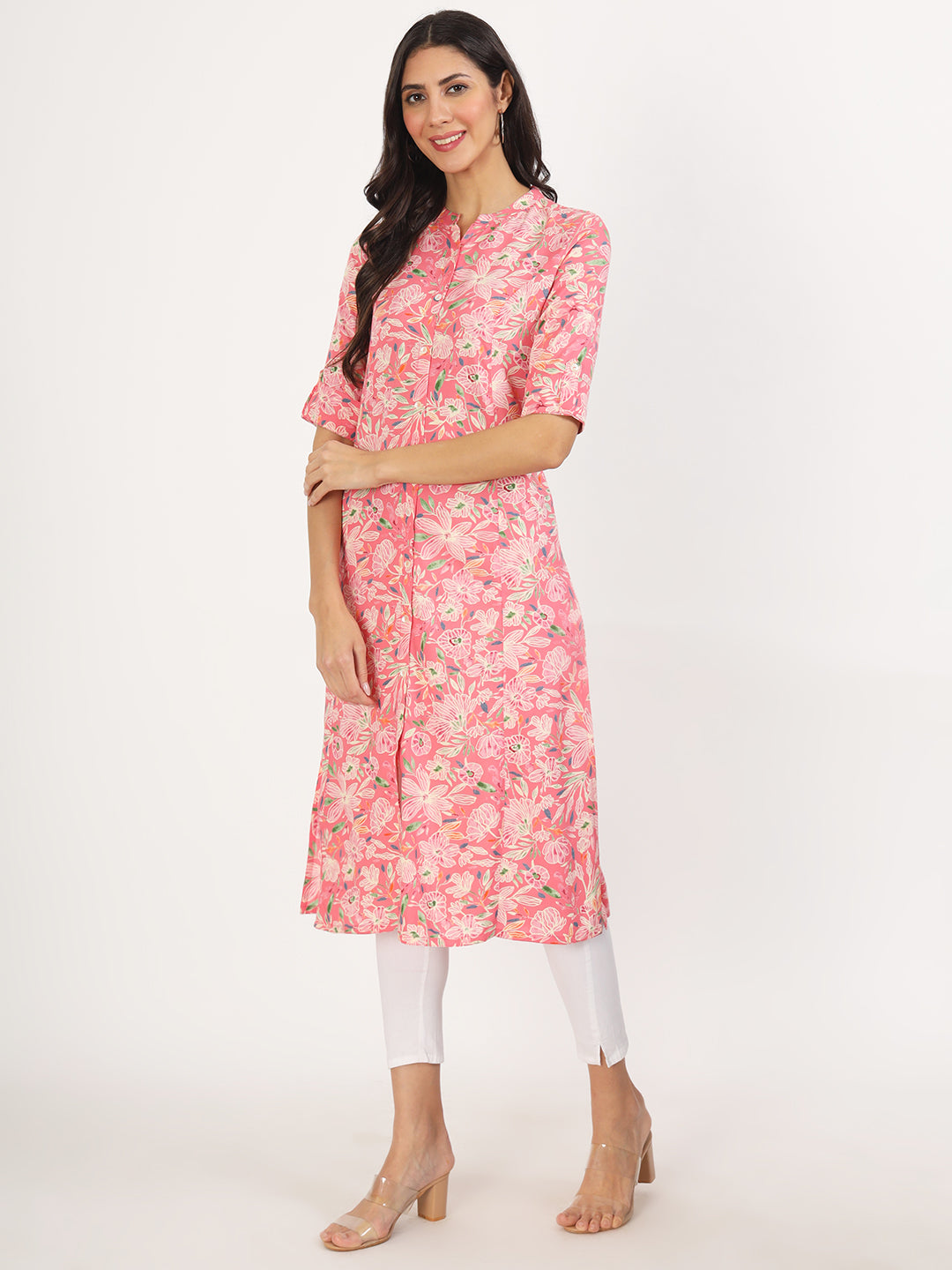 Women Pink Floral Printed Rayon A-Line Kurta | LASVINI - Redefining Indian Fashion with Elegance