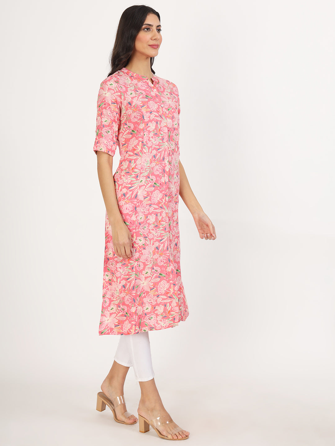 Women Pink Floral Printed Rayon A-Line Kurta | LASVINI - Redefining Indian Fashion with Elegance