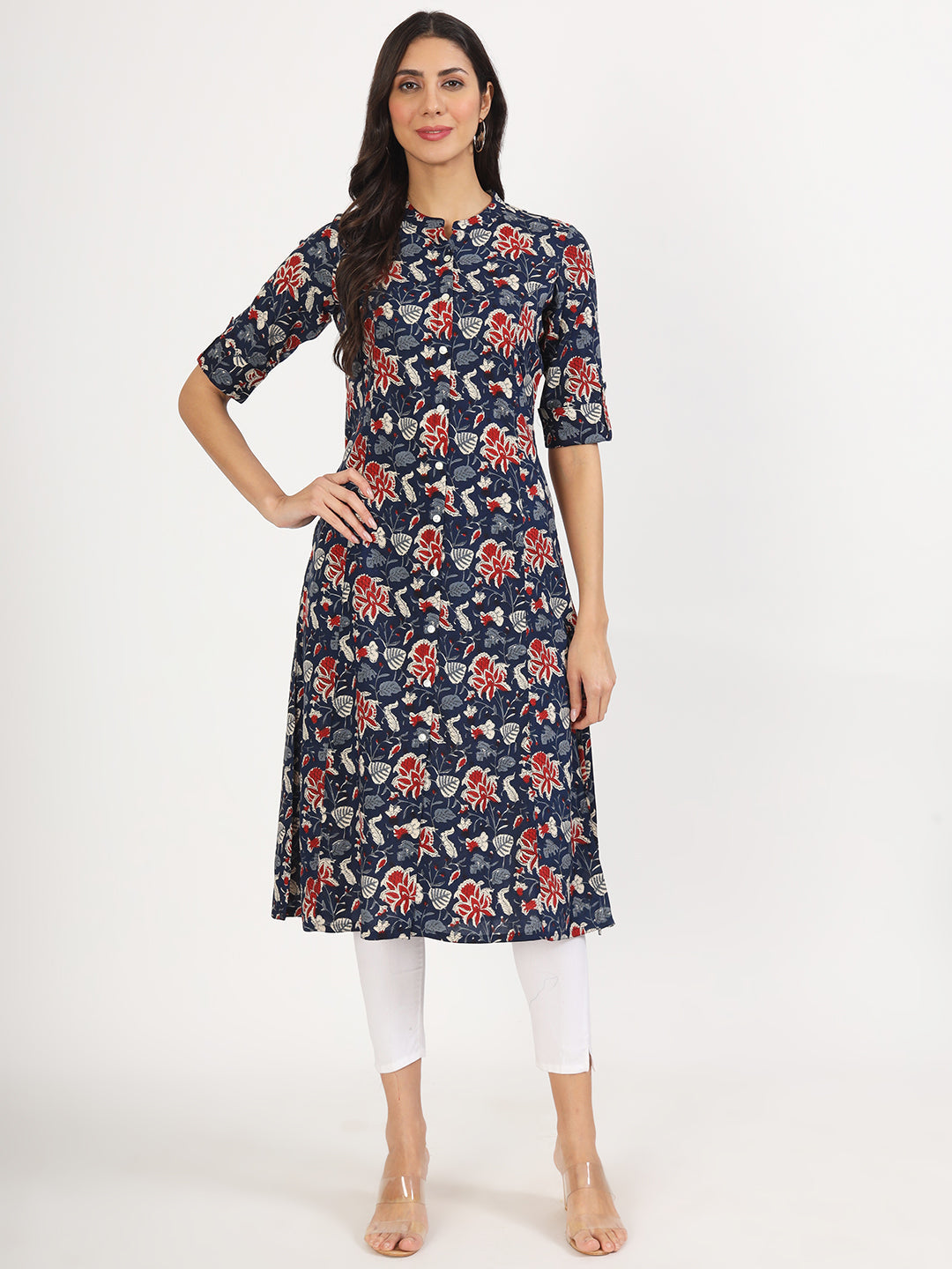 Women Black Floral Printed Rayon A-Line Kurta | LASVINI - Redefining Indian Fashion with Elegance
