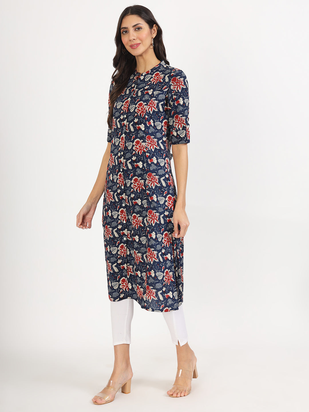 Women Black Floral Printed Rayon A-Line Kurta | LASVINI - Redefining Indian Fashion with Elegance