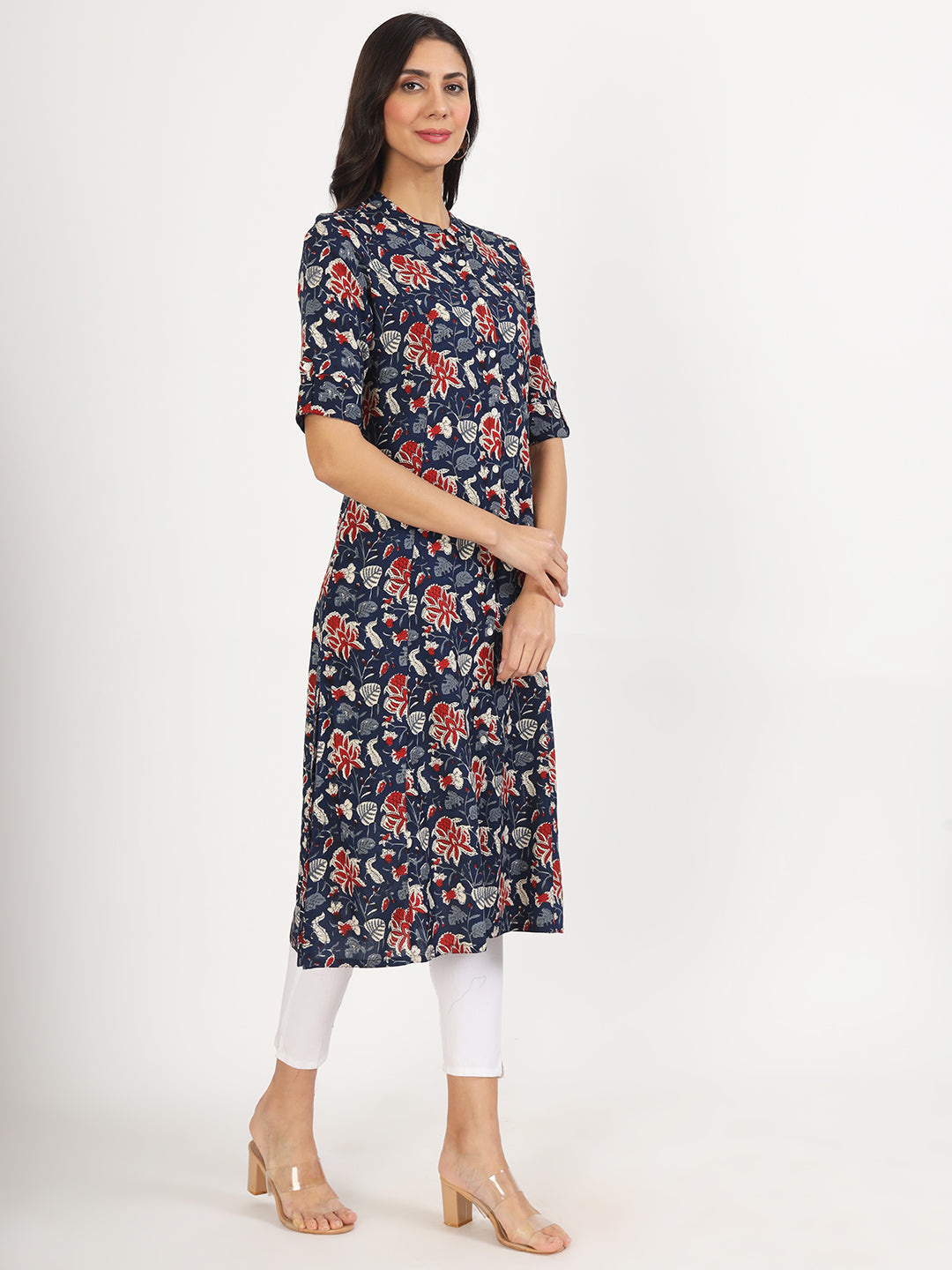 Women Black Floral Printed Rayon A-Line Kurta | LASVINI - Redefining Indian Fashion with Elegance