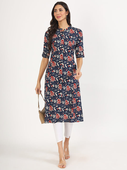 Women Black Floral Printed Rayon A-Line Kurta | LASVINI - Redefining Indian Fashion with Elegance