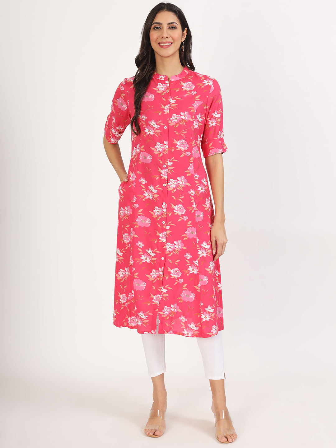 Women Blue Floral Printed Rayon A-Line Kurta | LASVINI - Redefining Indian Fashion with Elegance