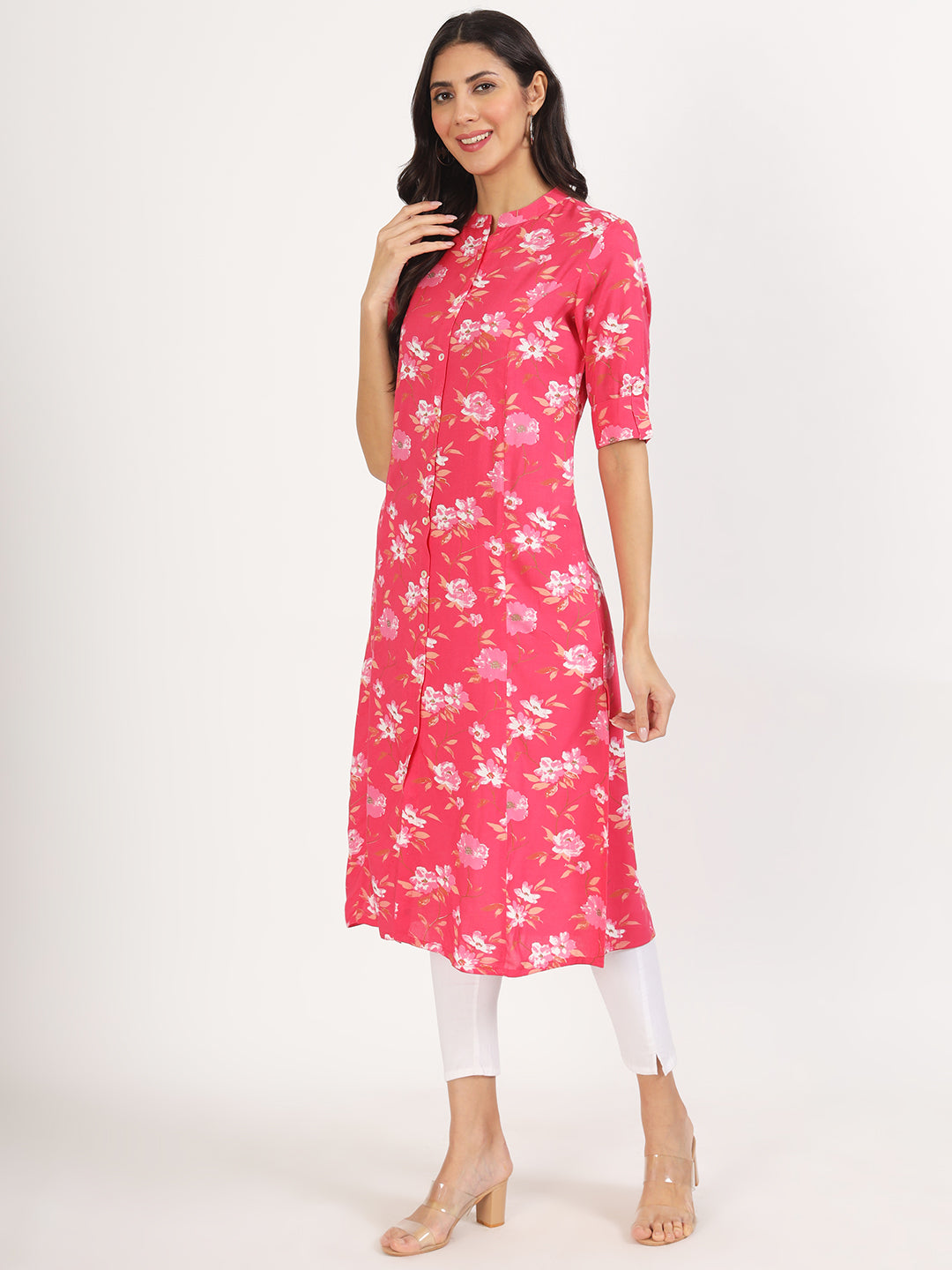 Women Blue Floral Printed Rayon A-Line Kurta | LASVINI - Redefining Indian Fashion with Elegance