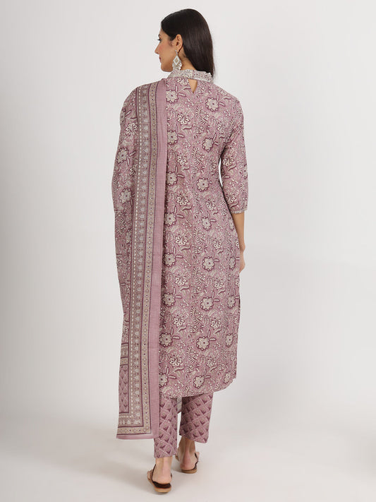 Women Purple Floral Printed Cotton Kurta Sets | LASVINI - Redefining Indian Fashion with Elegance