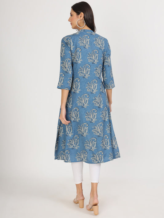 Women Blue Floral Printed Rayon A-Line Kurta | LASVINI - Redefining Indian Fashion with Elegance