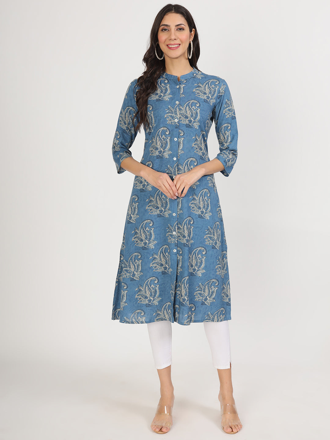 Women Blue Floral Printed Rayon A-Line Kurta | LASVINI - Redefining Indian Fashion with Elegance