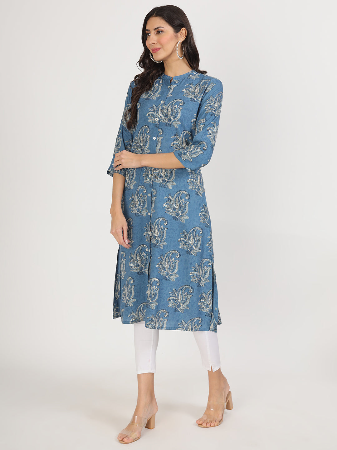 Women Blue Floral Printed Rayon A-Line Kurta | LASVINI - Redefining Indian Fashion with Elegance