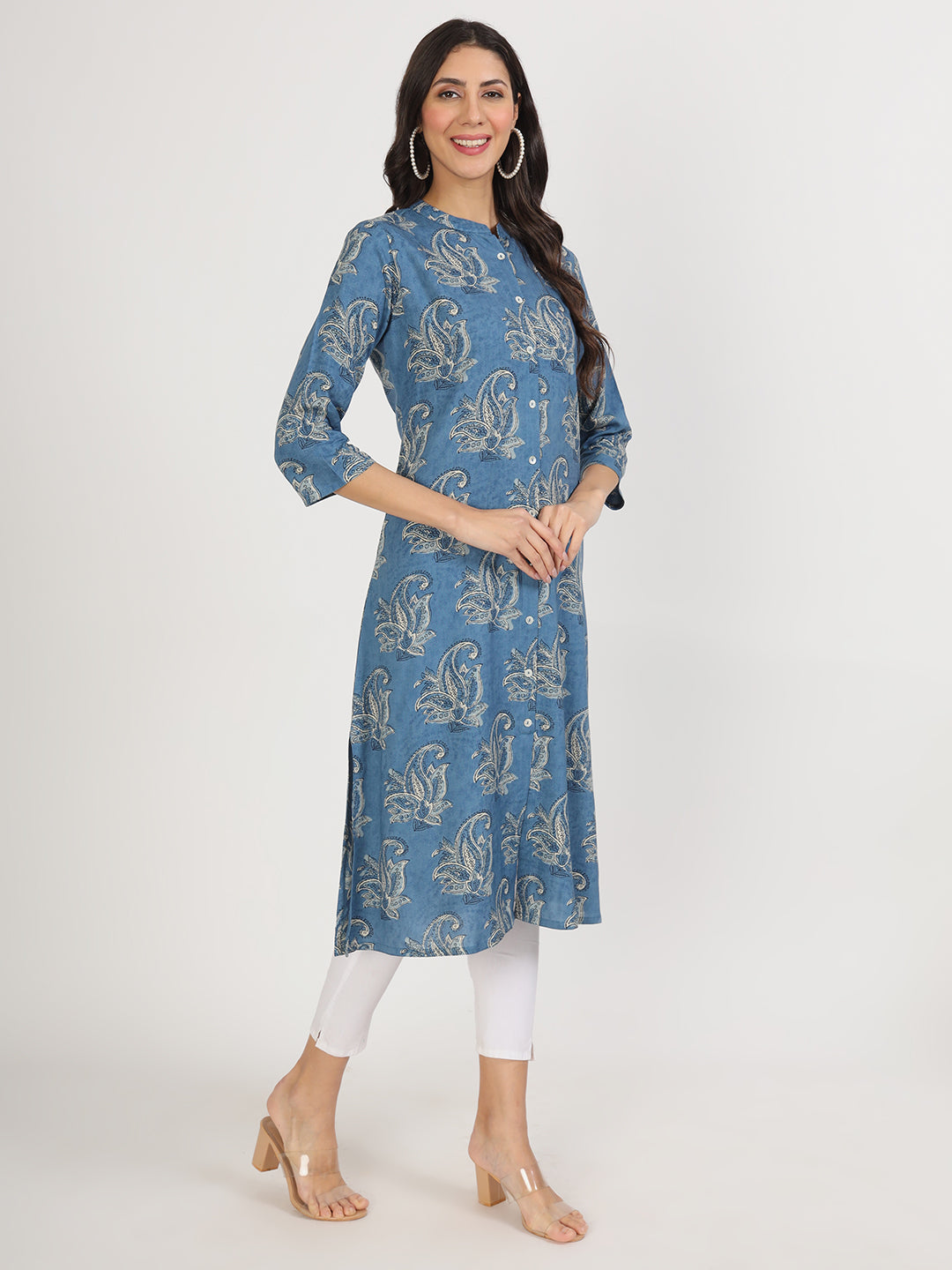 Women Blue Floral Printed Rayon A-Line Kurta | LASVINI - Redefining Indian Fashion with Elegance