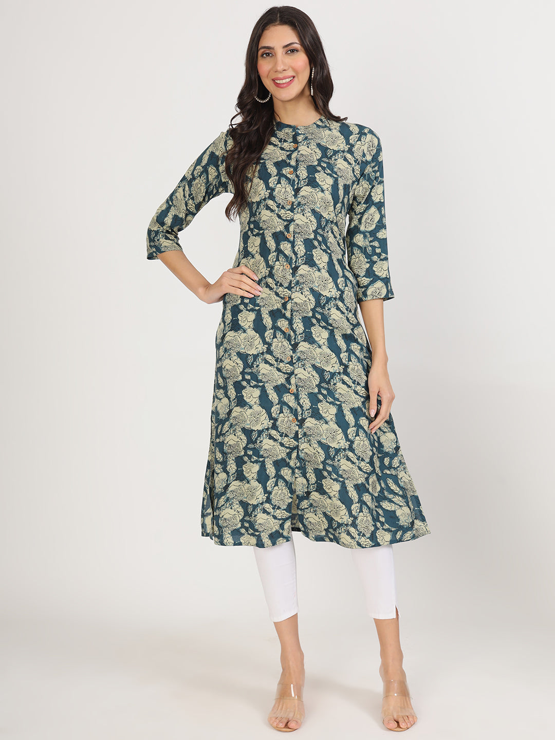 Women Blue Floral Printed Rayon A-Line Kurta | LASVINI - Redefining Indian Fashion with Elegance