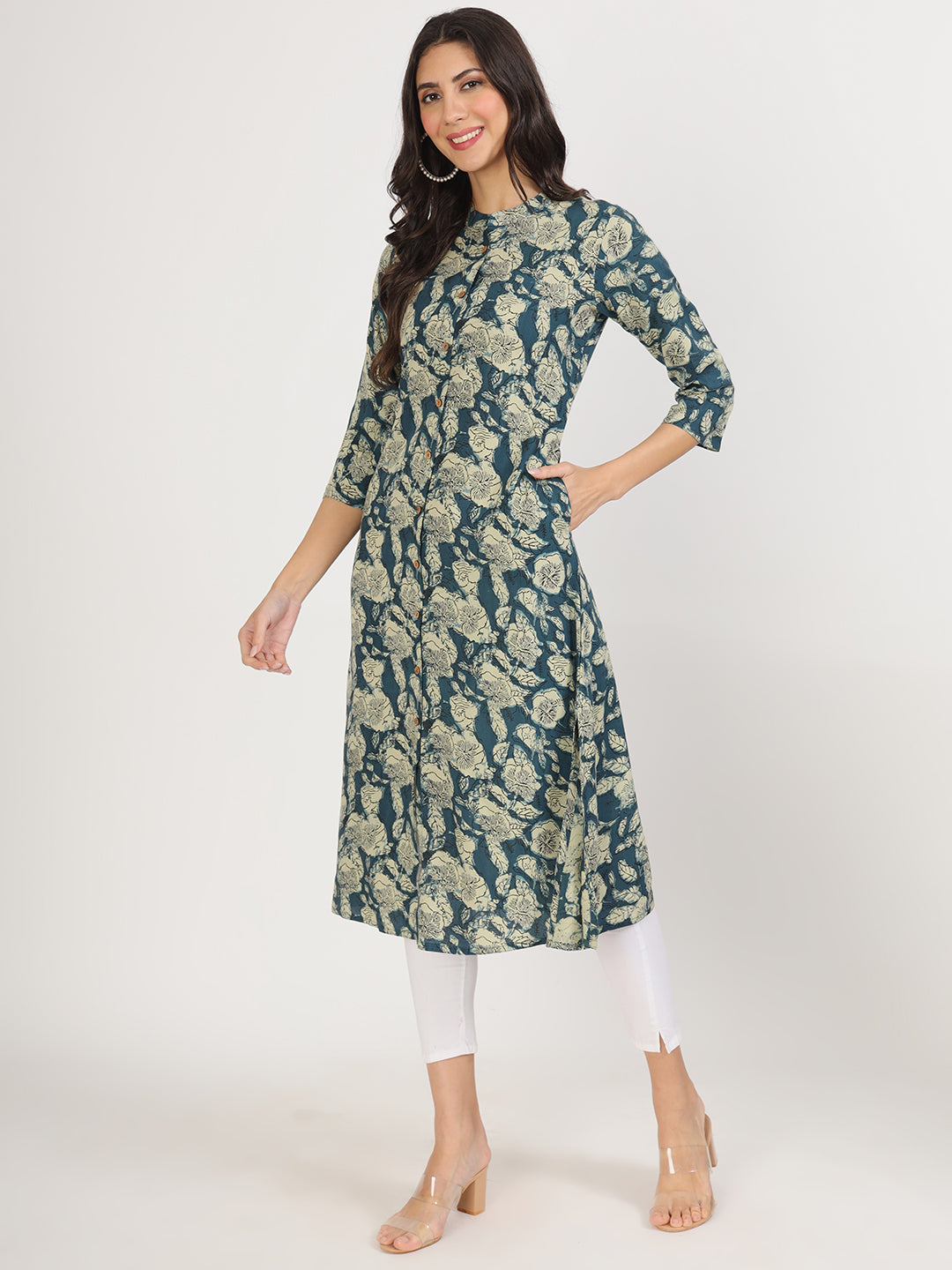 Women Blue Floral Printed Rayon A-Line Kurta | LASVINI - Redefining Indian Fashion with Elegance