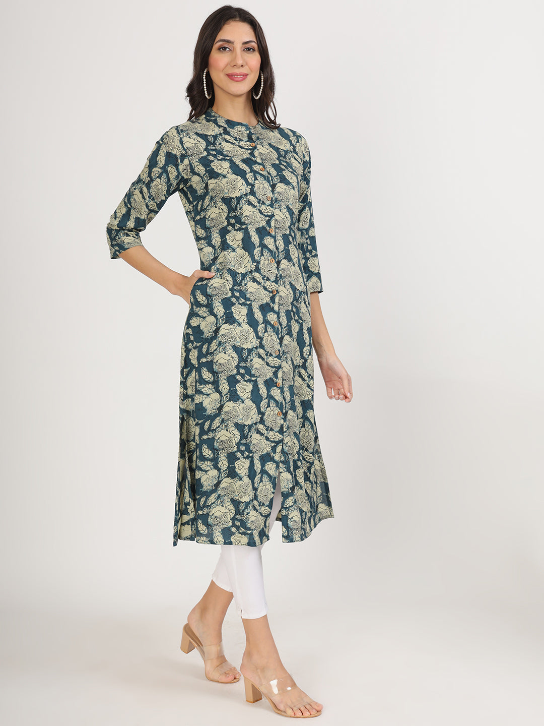 Women Blue Floral Printed Rayon A-Line Kurta | LASVINI - Redefining Indian Fashion with Elegance