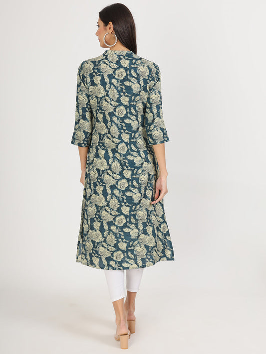 Women Blue Floral Printed Rayon A-Line Kurta | LASVINI - Redefining Indian Fashion with Elegance